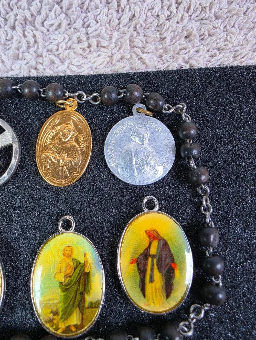 Religious Medal Rosary Necklace with Multi-Color Saint Medallions